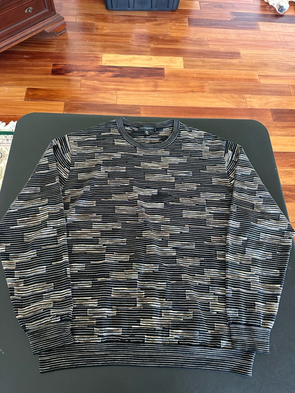 Jhane Barnes Black and Gray Patterned Crewneck Sweater Mens Large